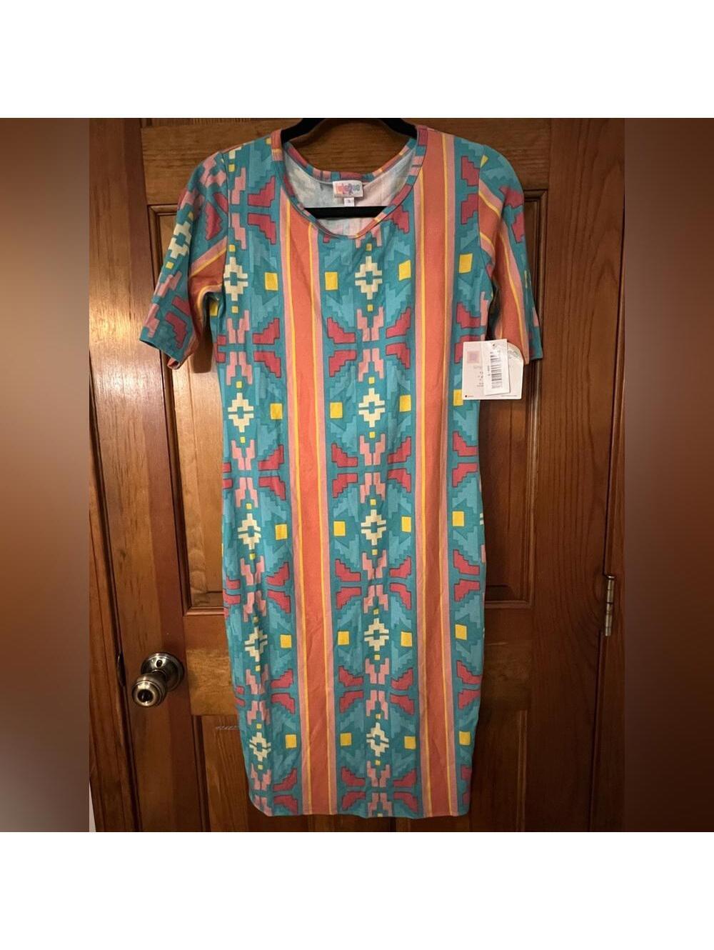 LuLaRoe Julia Dress Sheath Pencil Geometric Pink Teal Midi Knee Length Small NWT